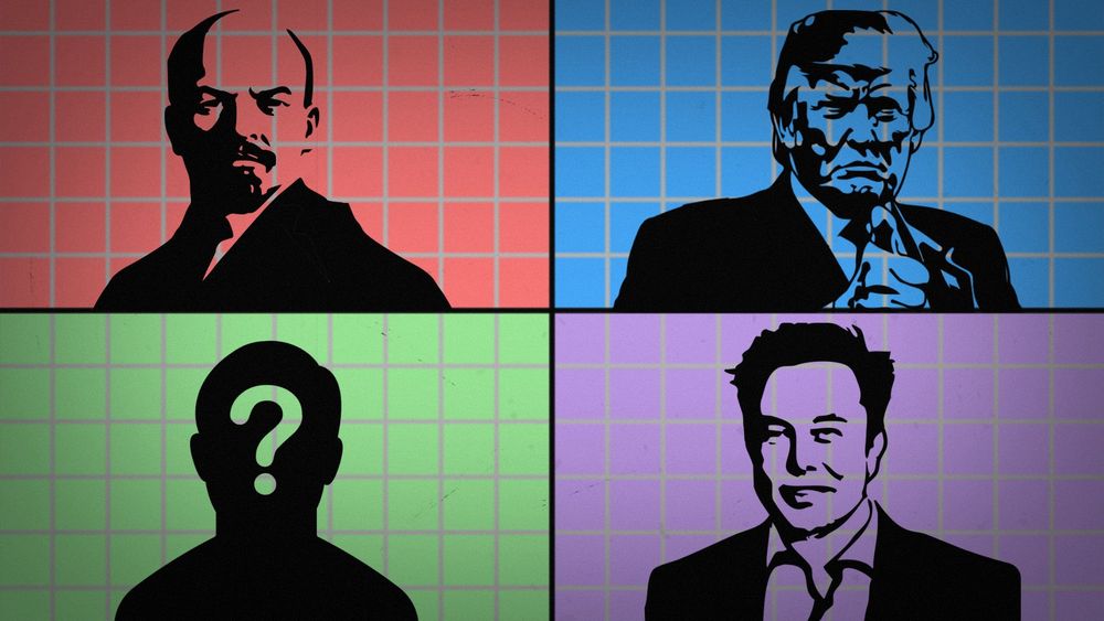 A political compass grid featuring the "leaders" of various quadrants on the political spectrum. Top left features Lenin. Top right features Trump. Bottom right features Musk. And bottom left features a silhouette with a question mark.