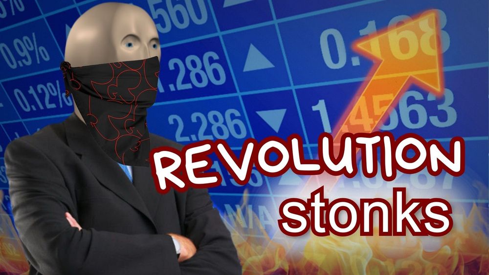A business guy wearing a mask next to the text "Revolution stonks." The background features an arrow going up with different numbers on a spreadsheet.