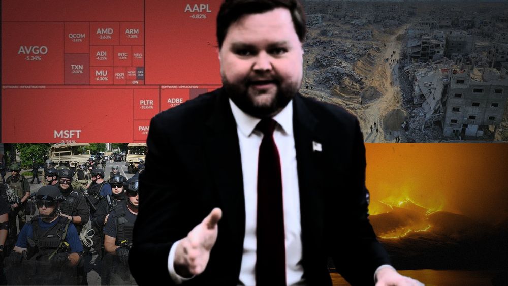An edited cutout of JD Vance, referencing the "have you said thank you once" meme, in the foreground. the background features a 2 x 2 grid of stock prices, devastation in Gaza, militarised police, and wildfires.