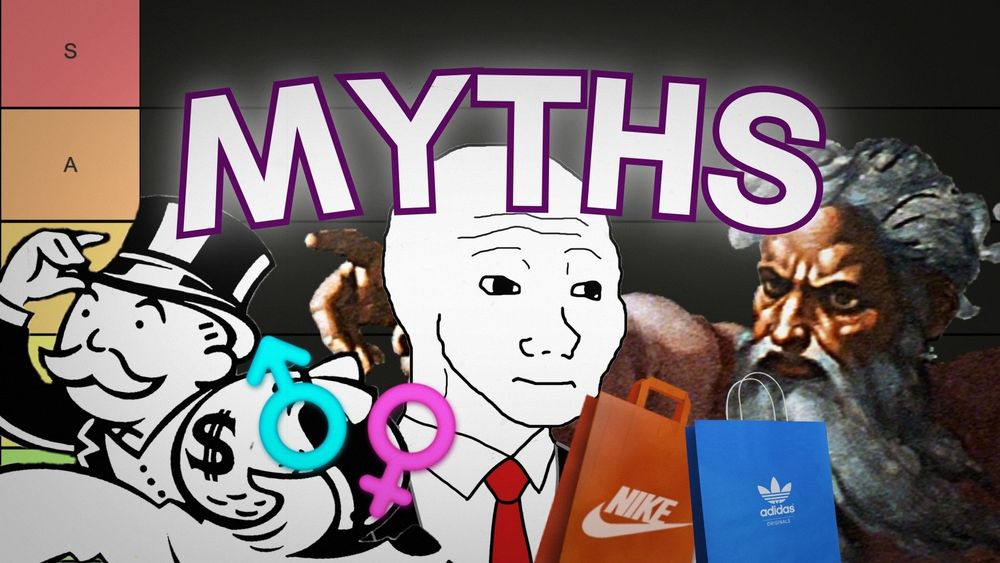 The text reads "Myths" over a collage of concepts: gender, capitalism, consumerism represented via shopping bags, a wage worker, and god himself. A tier list from S- to D-tier is featured in the background.
