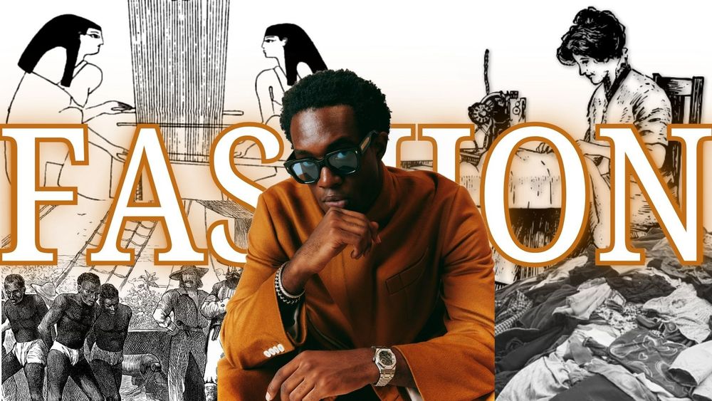 a depiction of wisdom kaye in the foreground, with a 2x2 grid of various points in fashion history in the background. the text reads "fashion" in glowing bold.