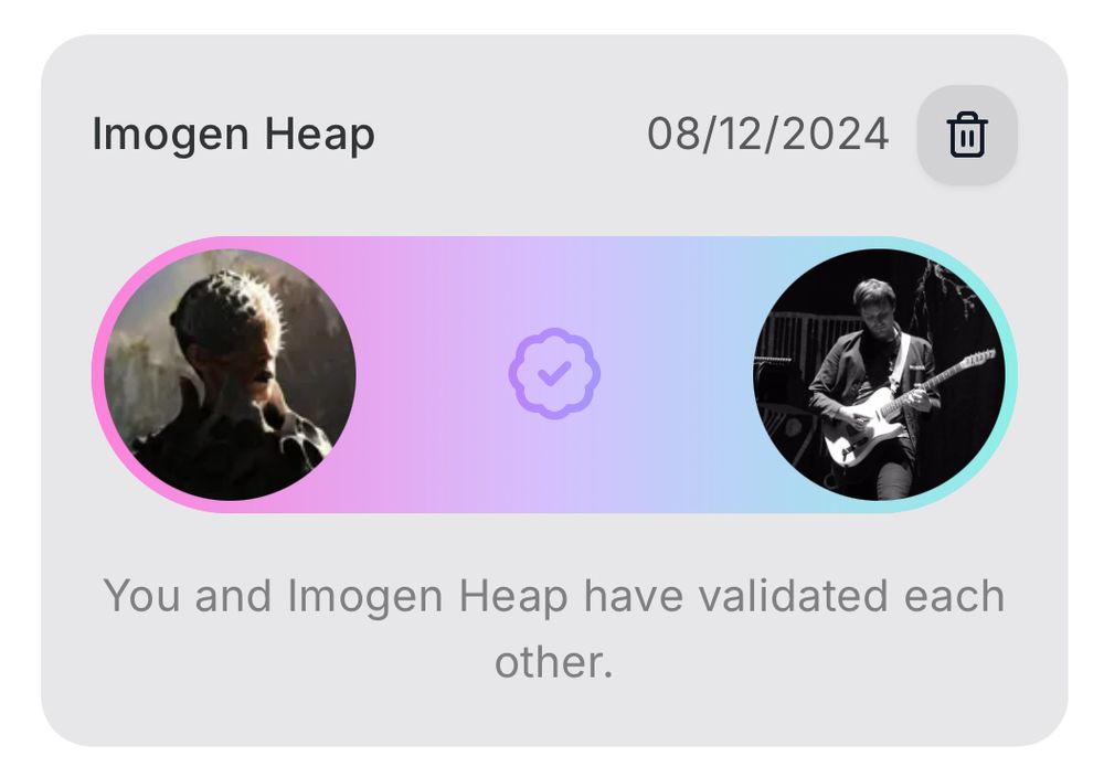 A screenshot of Auracles.io showing Imogen Heap and Stevie J Jones having validated each other 