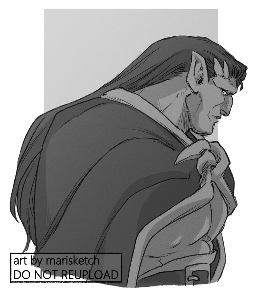 Fanart sketch bust of Goliath from Gargoyles. He is drawn in profile in grayscale, facing the viewer's right with a solemn expression, and his wings are draped over his shoulders in their resting 'cape' mode. A simple gray rectangle serves as the background behind him.