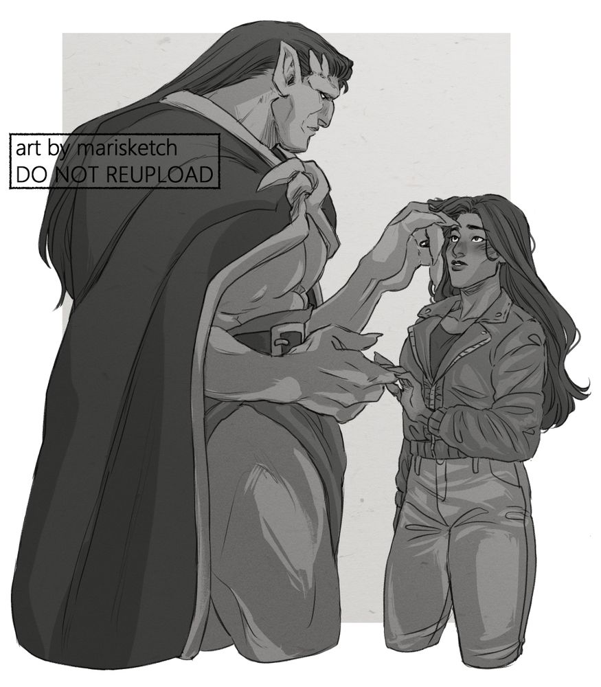 Waist-up fanart sketch of Goliath and Elisa Maza from Gargoyles. Goliath, on the left, has his wings draped over his shoulders in their resting "cape" fashion as he looks down at Elisa with a serious but tender expression. His left hand brushes her hair from her face while she looks back up at him, her own left hand resting on the fingers of his much larger right hand.
