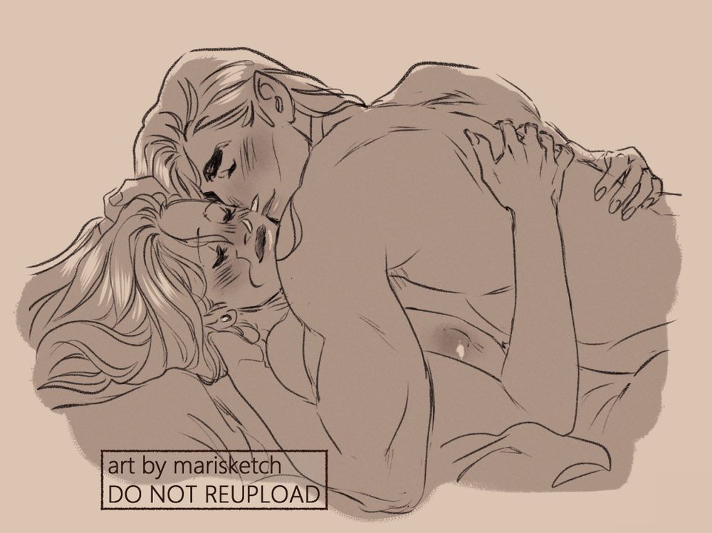 Sketch of the artist's original characters Ryou and Sabine, nude and embracing in bed. Both have their eyes closed and are smiling: Ryou, on top, has one hand in Sabine's hair and the other at the nape of her neck. Sabine meanwhile has her arms wrapped around his back while she lies back on the sheets.