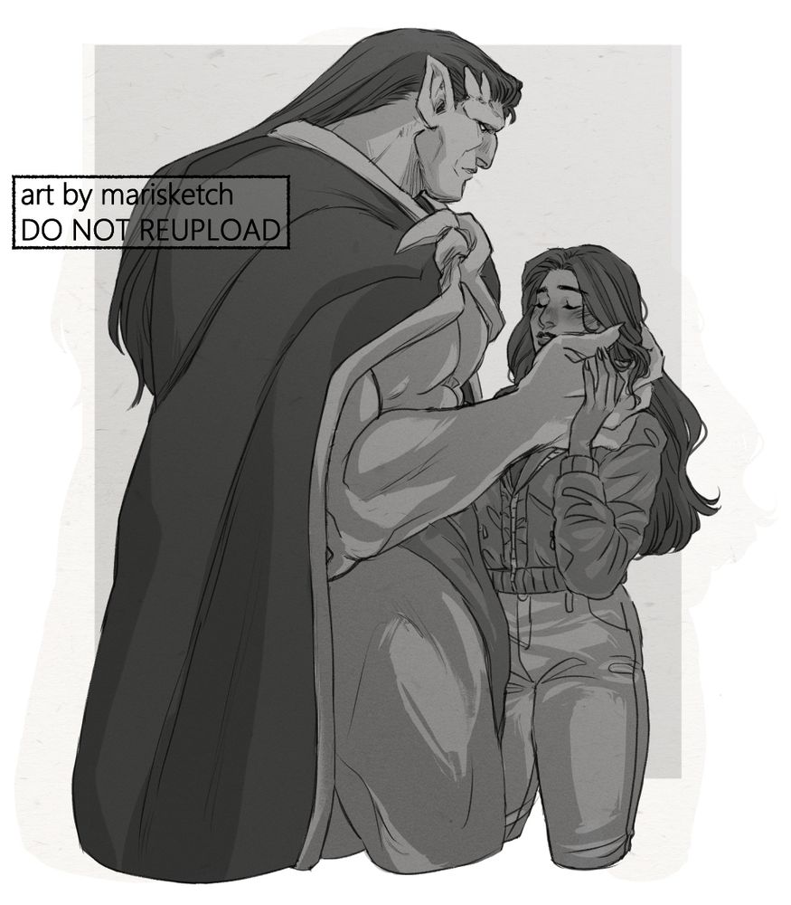A slightly different version of the previous image, where Goliath and Elisa are drawn much closer together. Goliath's right hand is cradling Elisa's face/hair while her left hand covers it, her eyes closed and a small warm smile on her face.
