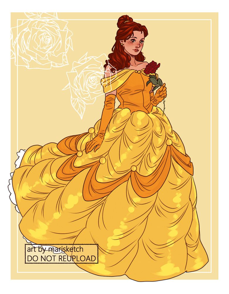Colored fanart sketch of Belle from Beauty and the Beast (1991) in her yellow ball gown. She is facing to the viewer's right and looking at them, smiling, one hand by her side and the other holding a rose. The skirts of her dress billow slightly behind her. A yellow rectangle with a white border serves as the background while two roses lined in white are slightly overlayed, in the top left corner.