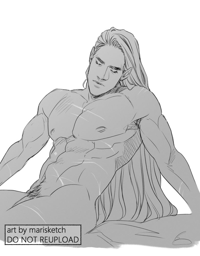 Waist-up sketch of the artist’s original character Ryou, nude and leaning back on some sheets. His eyes are closed and his long hair is loose. 