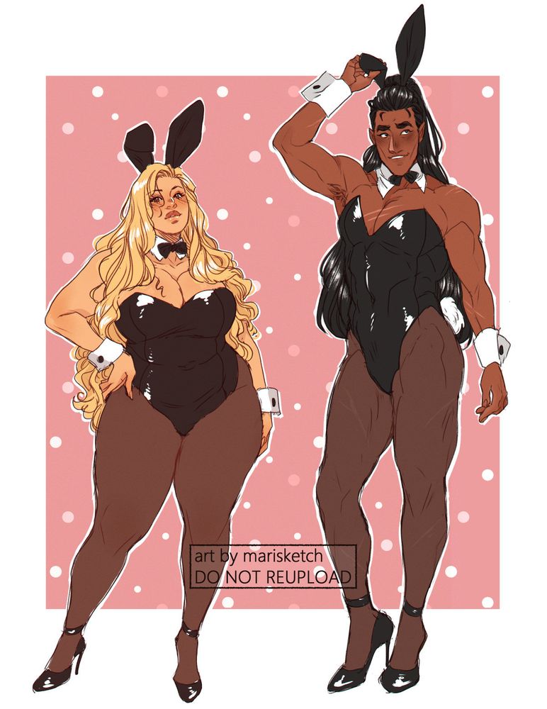 Colored fullbody sketch of the artist's original characters Ryou and Sabine. They are both dressed in playboy bunny suits with tights, heels, bowties, cuffs, and rabbit ears. Sabine, on the left, has one hand on her hip as she looks suggestively at the viewer. Ryou, on the right, has one hand up to tug at his rabbit ears while he looks at the viewer, a bashful smile on his face. A pink rectangle with white and lighter pink polka dots serves as the background behind them.