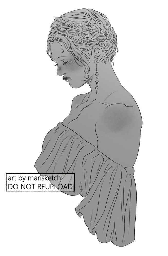 Bust sketch of the artist's original character Sabine in profile. She is facing to the viewer's left, looking slightly down and smiling with her eyes closed. Her hair is pulled up in a braided crown and she is wearing long dangling earrings and a loosely draped off-the-shoulder top.