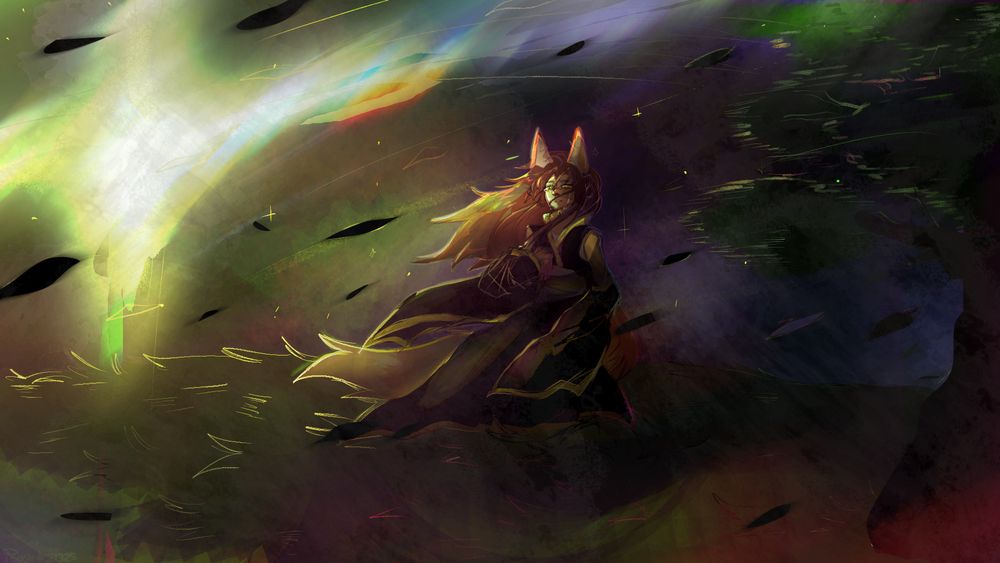 a anime girl type drawing of a girl fox that is in the middle of a forest with a rain of stars behind her, while looking to you with sad tears in her eyes, she is in japanese clothing kimono like