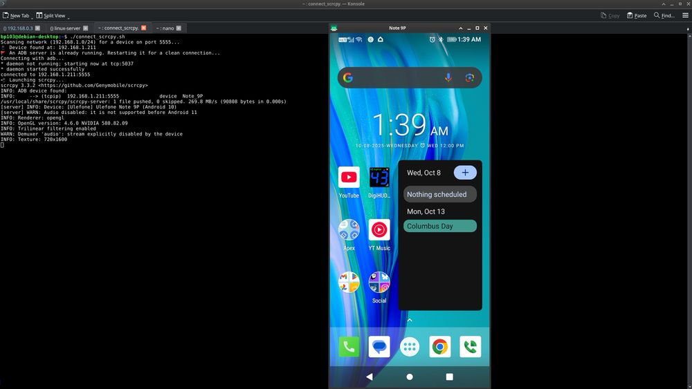 to the left an open Linux terminal displaying script output. to the right a window displaying a android phone screen on a linux desktop.