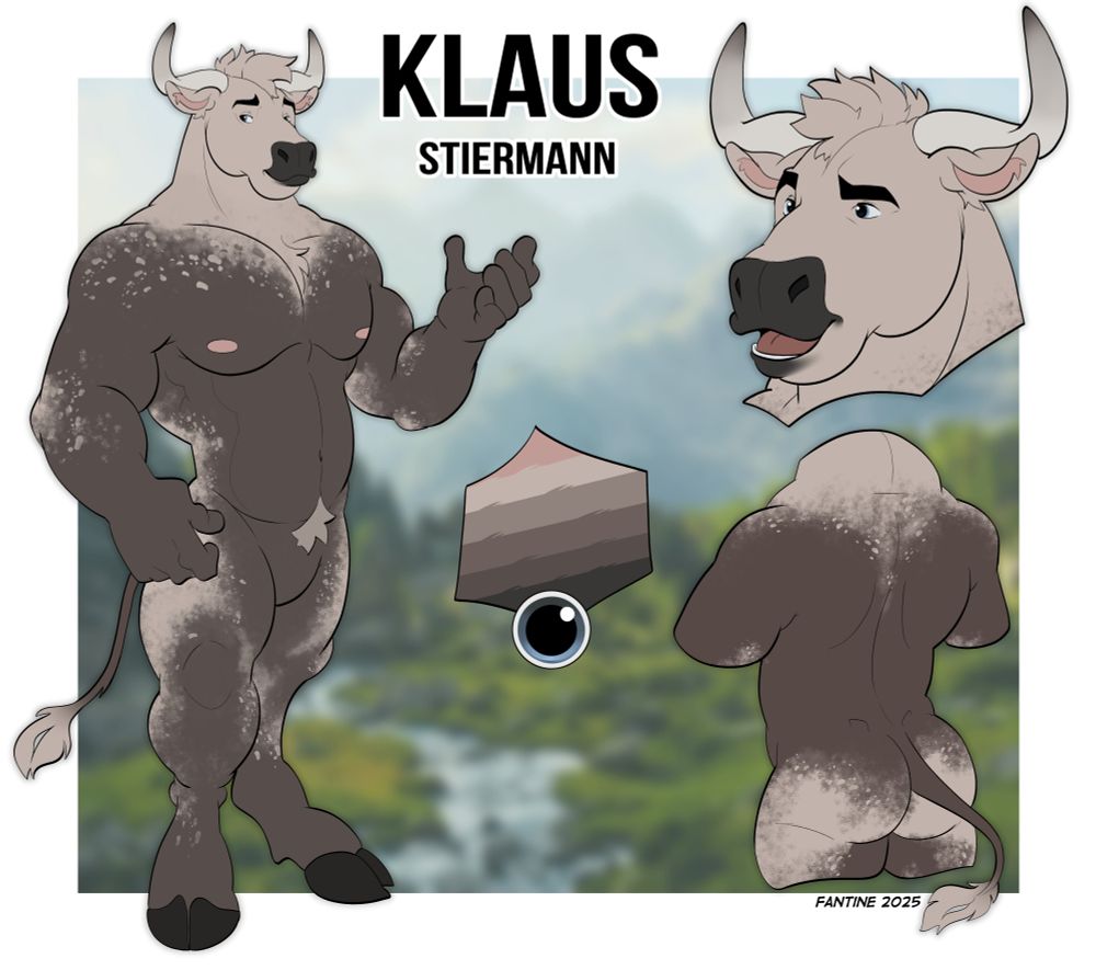 A muscular bull of average height with a nice smile. He has a dark colored torso and legs, with a lighter color neck, head, shoulders, and backside that fades into the darker color in irregular, fuzzy patches/spots.