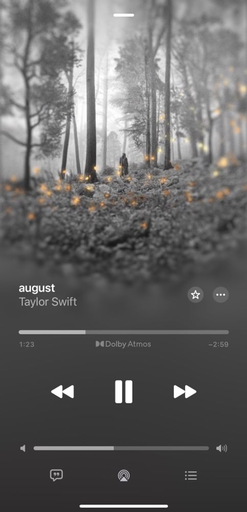 A screenshot of Apple Music playing “august” by Taylor Swift from the album folklore