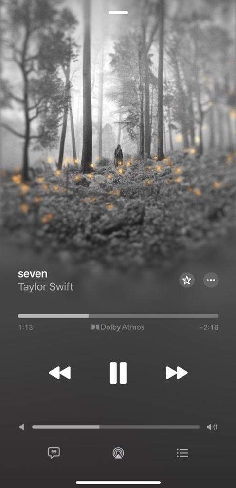 A screenshot of Apple Music playing “seven” by Taylor Swift from the album folklore