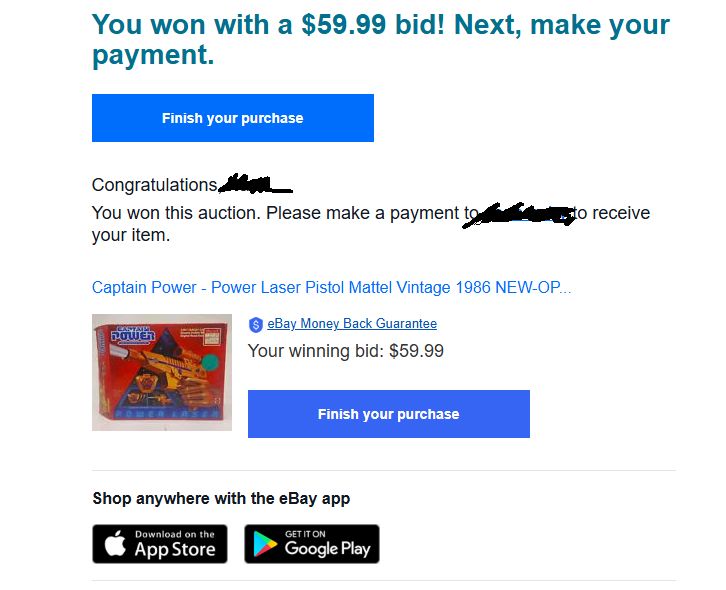 Ebay receipt showing the winning bid for a Captain Power Power Laser Pistol vintage 1986, still works!
