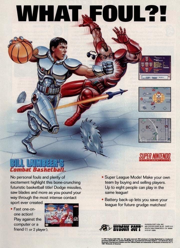 A print ad for Bill Lambeer's combat basketball for the SNES