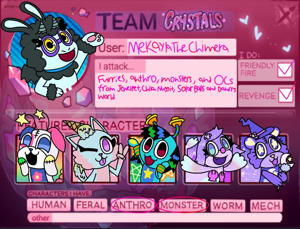 My ArtFight team for this year is Team Crystals. The following characters will be used during this event: Playpuppy the Kidcore Dog, Pastella the Ice Cream Cat, Gnorpy the Scenecore Alien, Mariana the Mermaidcore Seal, and Beatrice the Magical Teddy Bear.