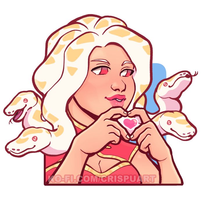 Medusa (A woman with snakes on her head) facing sideways but is looking towards the viewer smiling. She's using both hands to make the gap in between the fingers to look like the heart symbol.