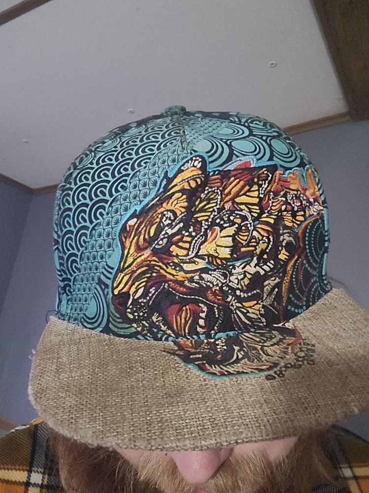 Q picture of a cool Grassroots brand hat with a tiger made up of butterflies. The post implies this was found recently after being missing for 2 years.
