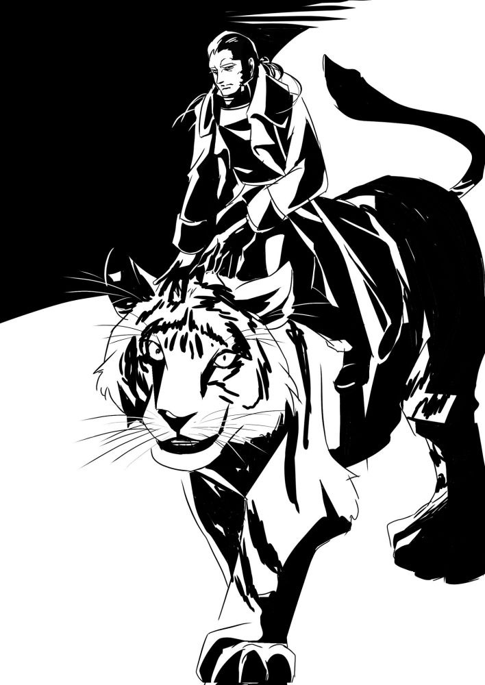 Javert (musical version) on a huge tiger