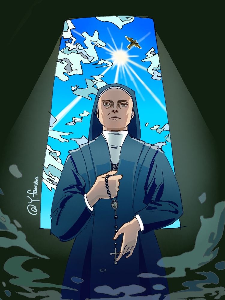 Sister Agnes from Conclave, standing in front of a window (blue sky is shining behind her)