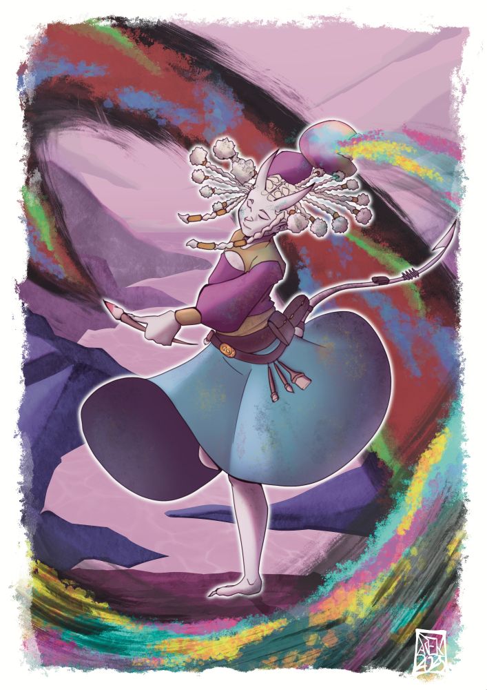 A young tieffling woman dancing on a cliff between waves of magic paint.