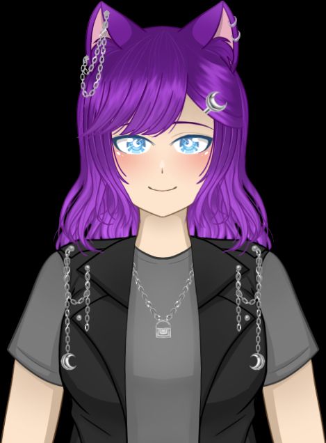 A purple-haired catgirl with blue eyes wearing a sleeveless black biker jacket and a gray t-shirt underneath
