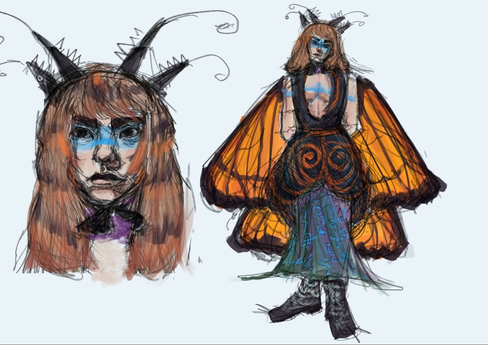 Character reference sheet for my OC: Isabelle. She's gone through a bunch of designs and outfits lol. 

This outfit has her in reddish hair with dark purple and light orange patterns, cyan-light-blue face-paint and a black hairband with four spikes that also have four teeth and lines coming out of them like antennae. Her outfit is a dress with two parts, one black corset-like dress made of a harder twiggy material with no sleeves, a chest-window and orange spiral accents. The second part of the dress is a Green-blue-purple fabric underneath it, dropping to her ankles, with blue runes written on them. She also has her face-paint on her chests and arms in a line. She wears big spiked boots and has monarch butterfly wings attached to her outfit on her back.