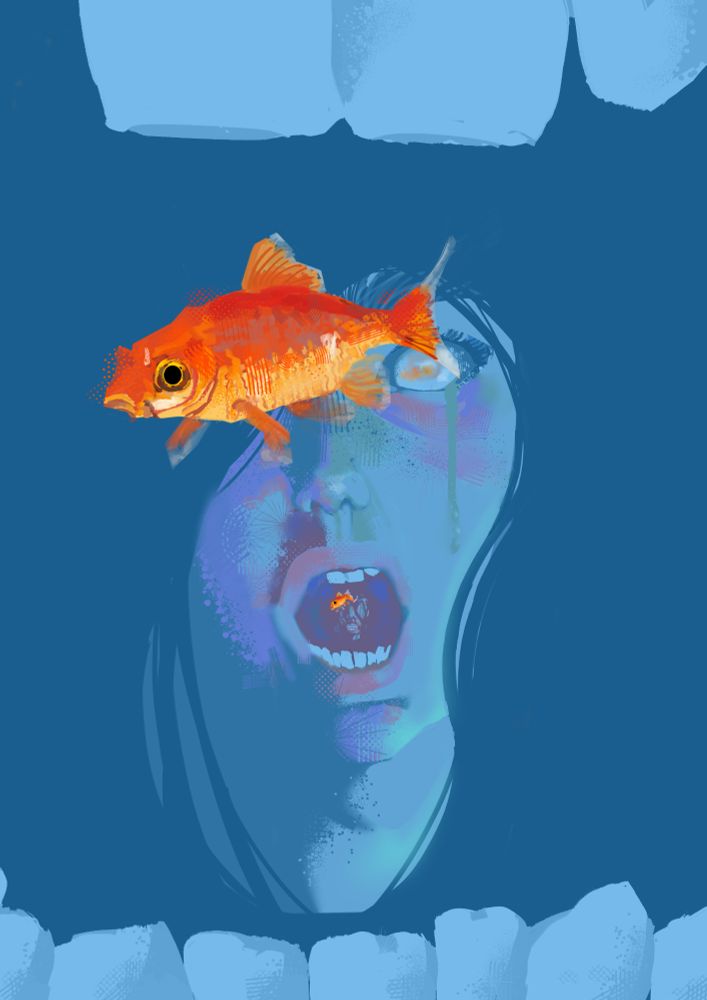 Woman with milky eyes and long hair looking at a goldfish, crying and gasping for air underwater. Teeth surround the outline of the picture and a second face and goldfish are in her mouth with different expressions.