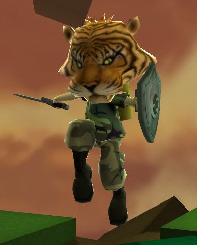 An Atmosphir player character, starting to attack with their sword and shield while wearing a tiger mask.