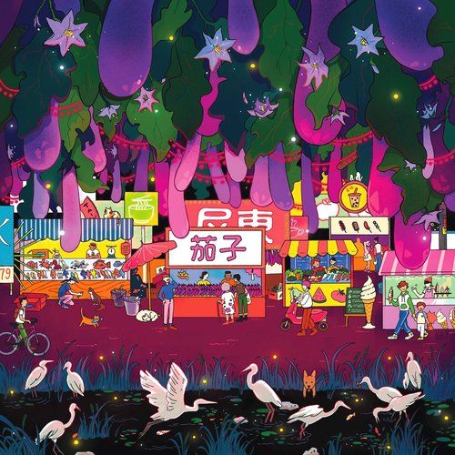Illustration of a night market scene in a garden of Pingtung eggplants