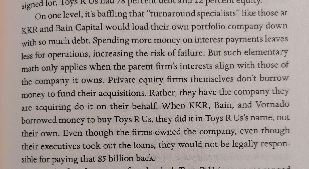 A paragraph from Megan Greenwell's book, describing a private equity firm purchasing a company by forcing the company to take out loans