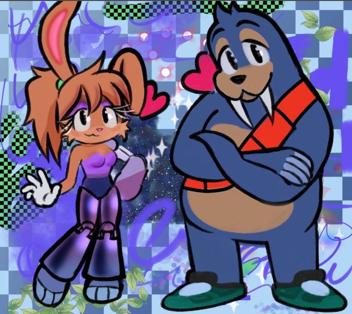 Bunnie Rabbot posing & Rotor Walrus with arms crossed from Sonic the hedgehog series. 