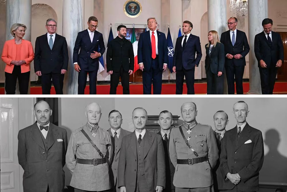 Up picture: Washington 2025, leaders from Europe, Usa and Volodymyr Zelenskyi Down picture : 1944 Finnish peace delegation 