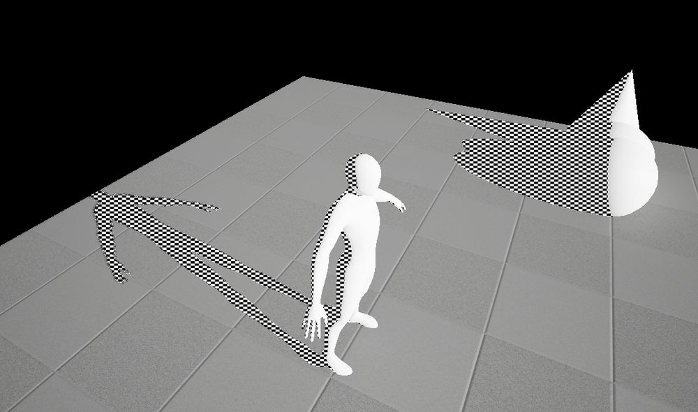 Visual effect in Unreal engine. The shadows have been isolated into a mask that has been changed to a checkerboard texture.