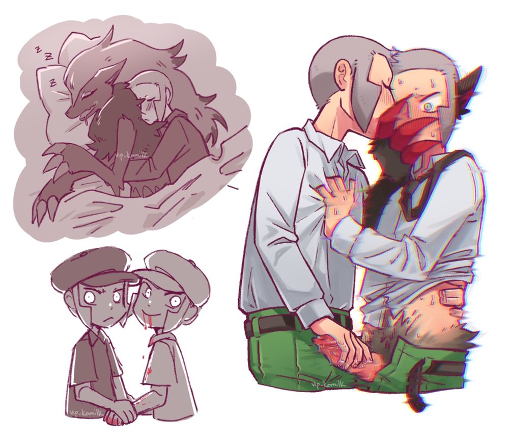 Three drawings; two in monochrome, one of emmet and ingo as kids with blood dripping from emmet’s mouth and one of Ingo hugging zoroark emmet in their sleep. The third is in colour, and shows ingo jerking off emmet in their depot agent uniforms, with emmet looking flustered and mid-transformation.