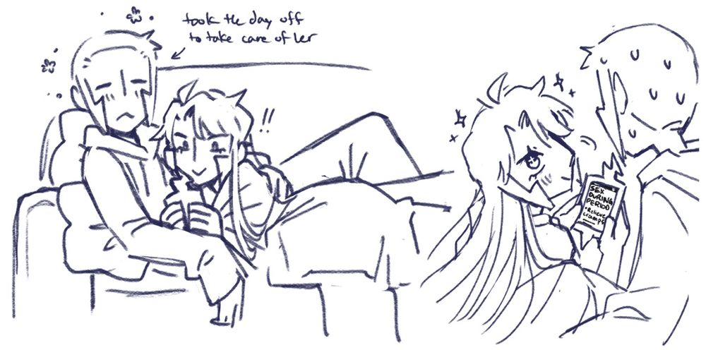 Ingo and fem emmet cuddling on the couch as emmet looks at a rotom phone.

She looks up at him with big sparkly eyes while he sweats profusely; you can see she is looking up an article about sex helping period cramps.