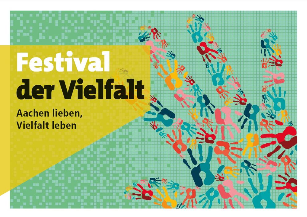 Sharepic: Grüner verpixelter Hintergrund mit vielen bunten Händen, die eine große bunte Hand darstellen.
Festival der Vielfalt Aachen lieben, Vielfalt lieben