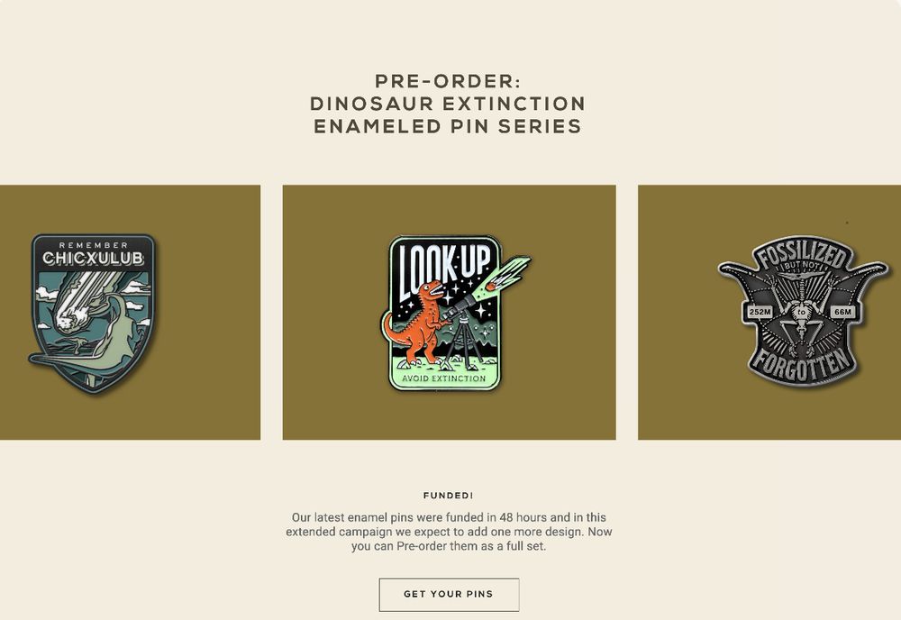 preview of the one-page dinosaur extinction enamel pin order page.