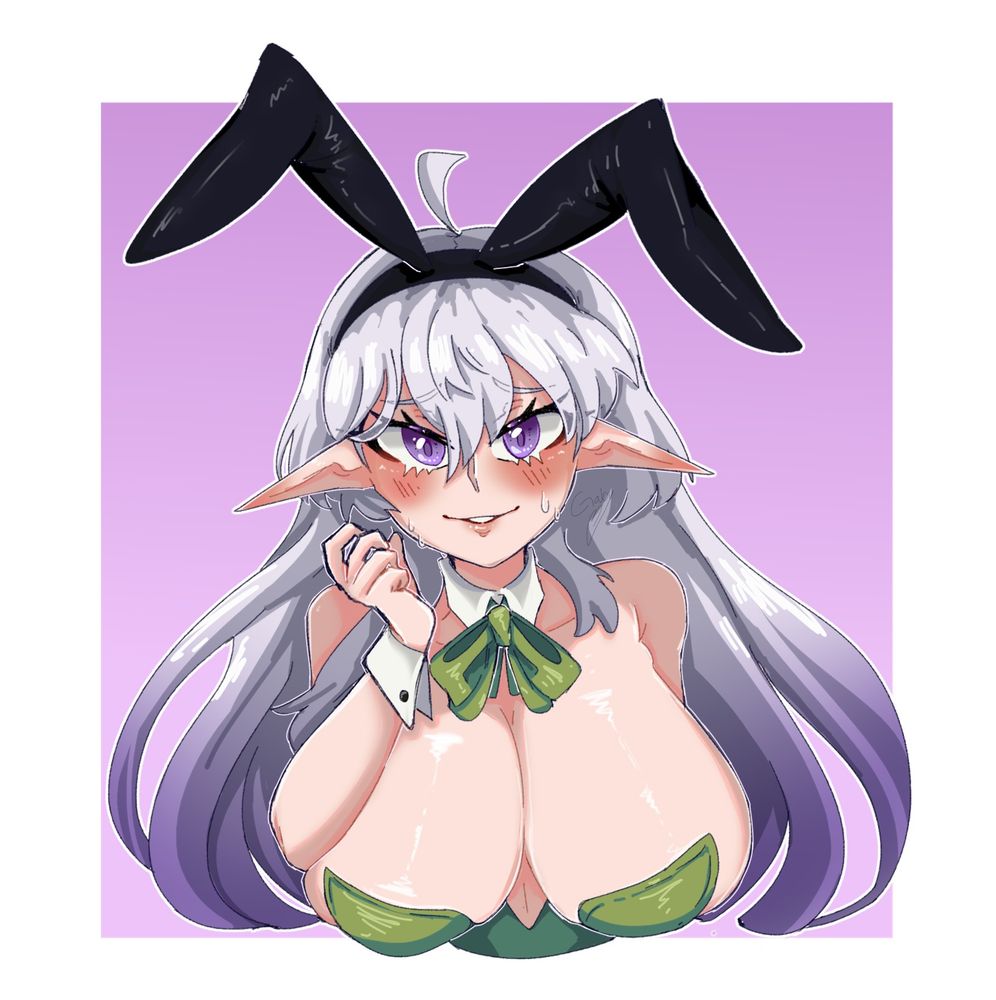 Vtuber Fan Art of Lavender (Petris' Female Mode) is in a green bunny suit, looking embarrassed at the camera. 