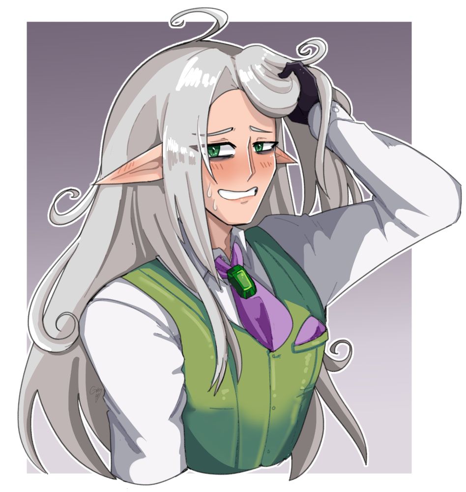 Vtuber Fan art of Petris looking nervous at the camera with messed up hair.