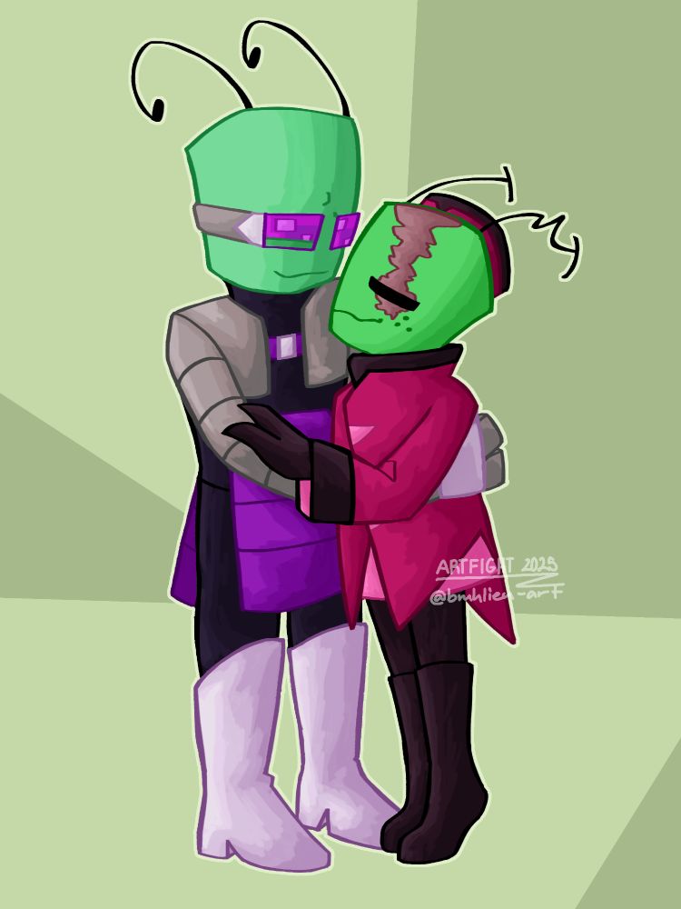 Two Irkens, an alien species, hugging each other and being cutesy. The one on the right is on his tip-toes because he’s shorter than the one on the left.