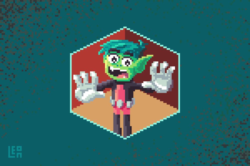 Isometric pixel art depicting Beast Boy from Teen Titans GO stuck in a small orange room. His hands are stretched out with his palms up against the foreground.