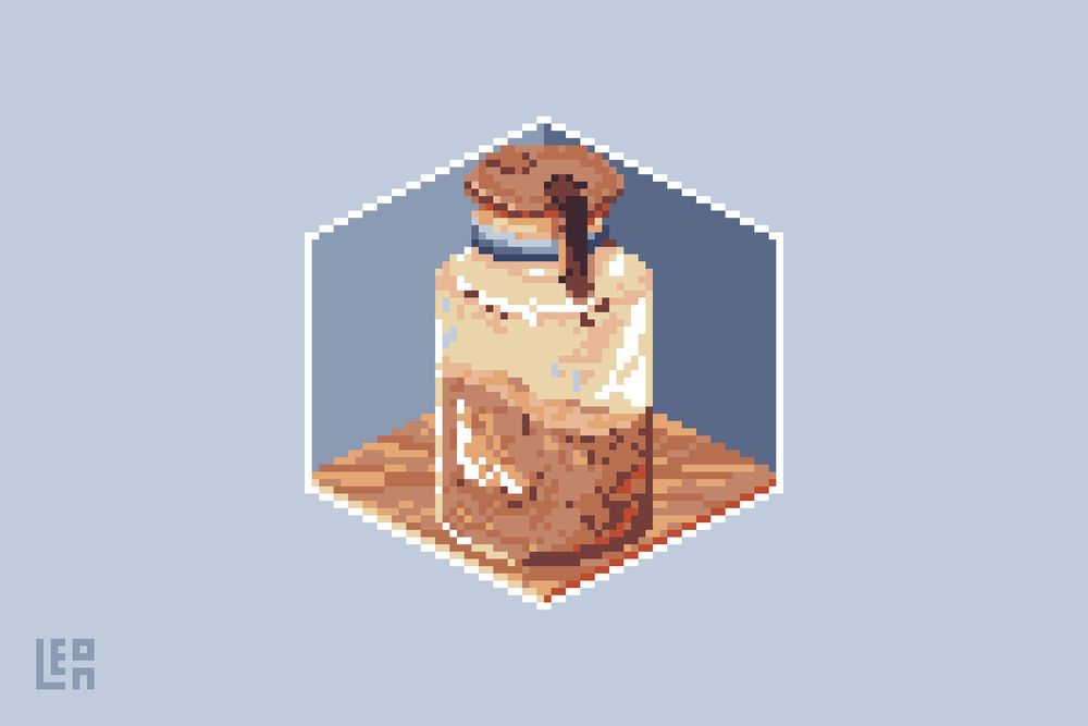 Isometric pixel art depicting the "jar of dirt" that kept the heart Davy Jones in the movie Pirates of the Caribbean. It sits on a small wooden surface with a pale blue background.