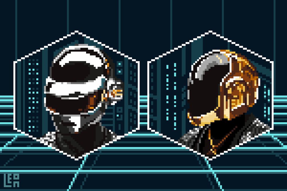 Two hexagon shaped pieces of isometric pixel art depicting the singers from Daft Punk in their signature robotic helmets.