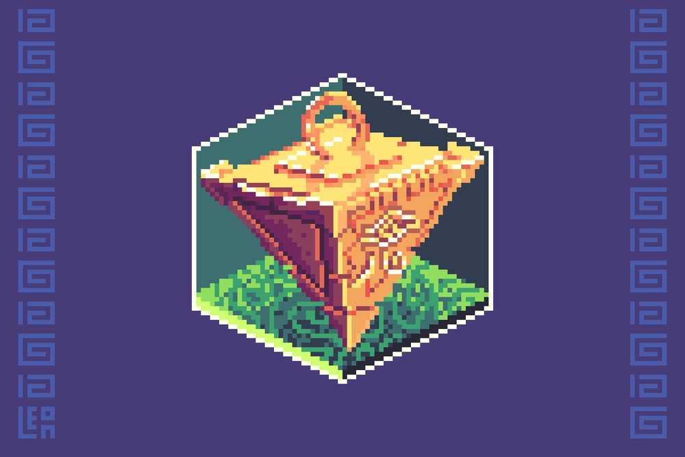 Isometric pixel art depicting the golden Millennium Puzzle pyramid item from the show Yu-Gi-Oh!. It floats on a swirly green floor.