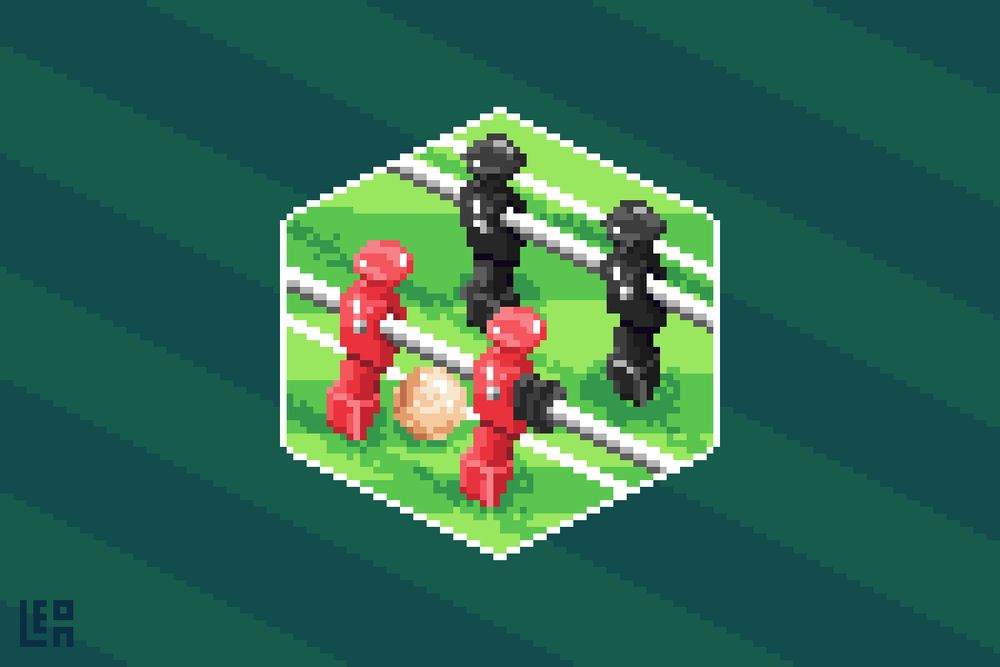 Isometric pixel art depicting a close up of a foosball table. The red team has the ball and the black team is defending.