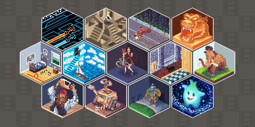 a series of isometric pixel art pieces depicting characters or scenes from both live action and animated movies, arranged in a grid.
