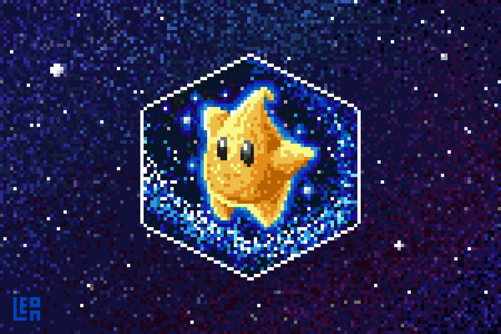 Isometric pixel art depicting a small star shaped "luma" character from the video game Super Mario Galaxy. The luma is yellow and has a slight glow to it; the background is a swirl of stars.